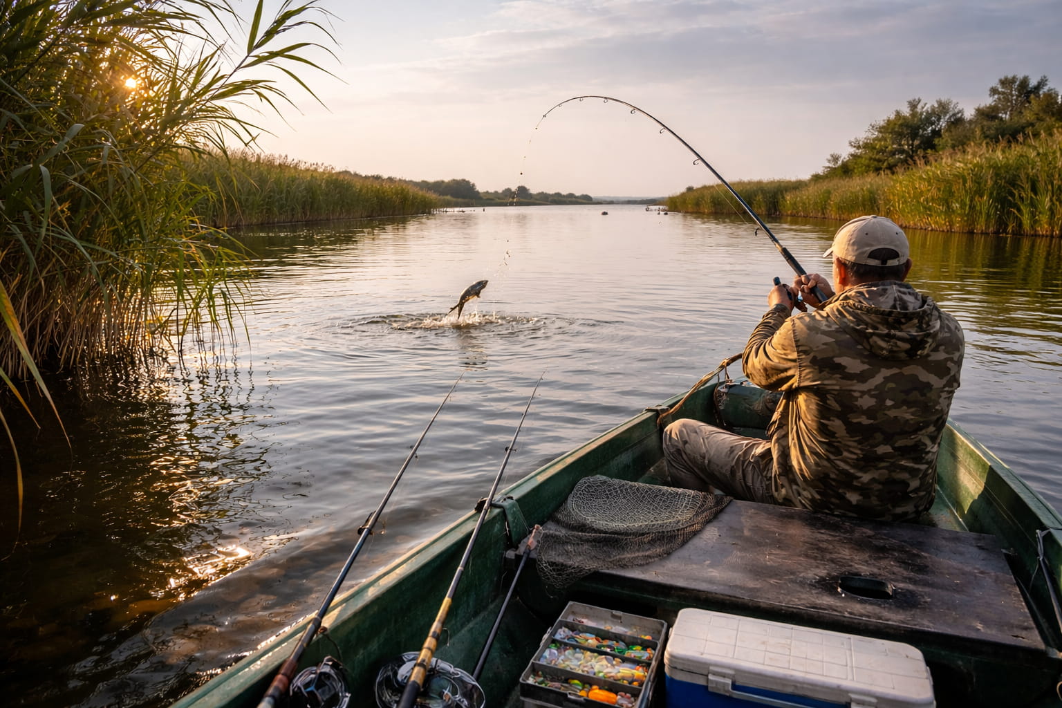 Pescuit pe Lacul Razim în Delta Dunării zonă liniștită