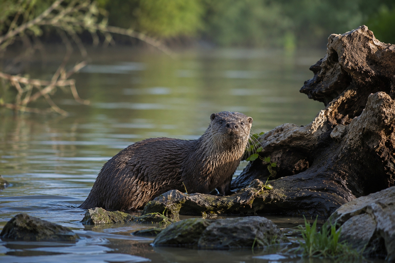 Otters in the Danube Delta: when and where to see them 1 Vidra în Delta Dunării pe malul apei la apus în zonă sălbatică